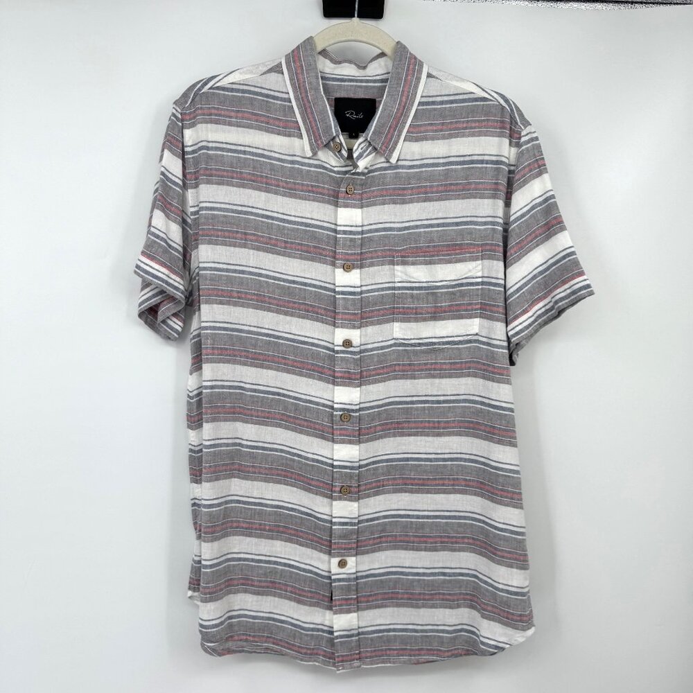 Rails Shirt Mens Large  Gray Red Blue Stripes Button Up Camp Casual Linen Rayon